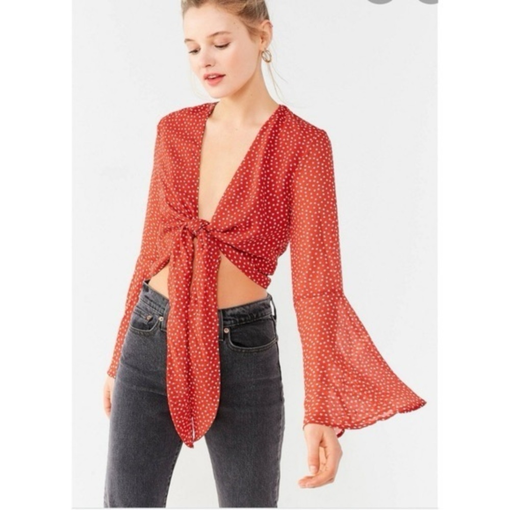 Urban Outfitters Red & White Stars Tie-Front Independence Cropped Blouse Medium